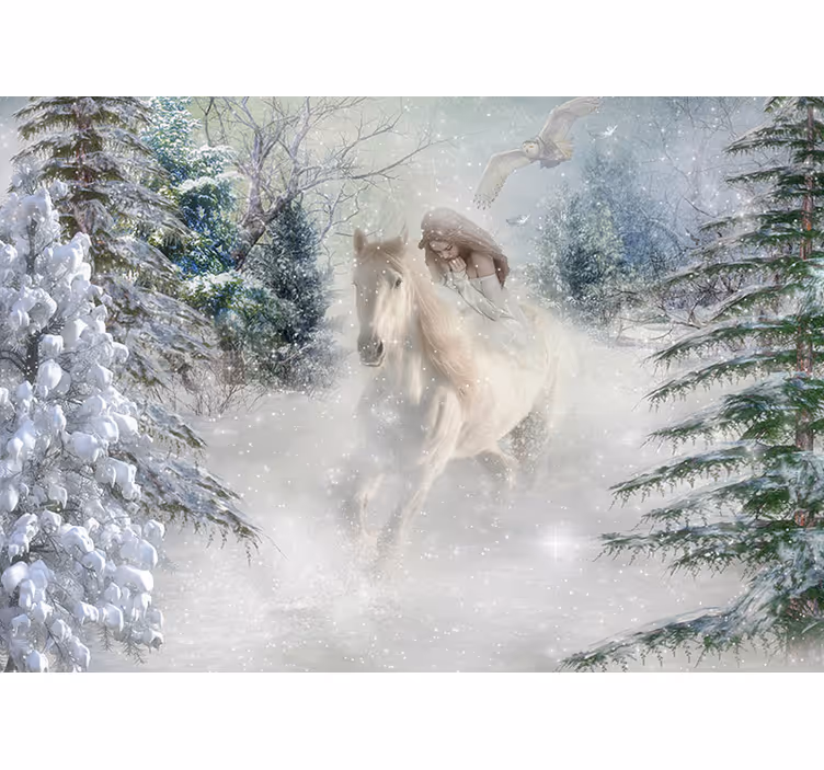 Tenda a rullo bianca fotomurale cavalli nella neve - TenStickers