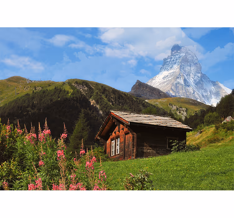 Tenda a rullo soggiorno campo verde con capanno e montagna - TenStickers