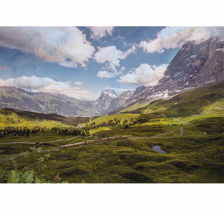 Tenda a rullo soggiorno campo verde con montagne e treno - TenStickers