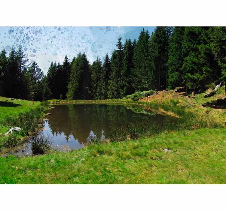 Tenda a rullo soggiorno prato verde con alberi e lago - TenStickers