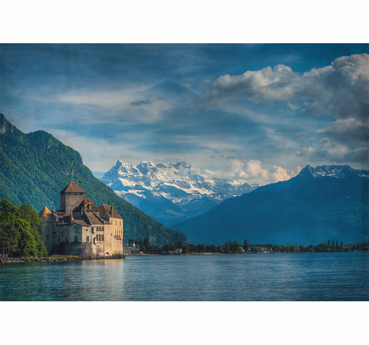 Tenda a rullo soggiorno castello sul lago con montagne - TenStickers