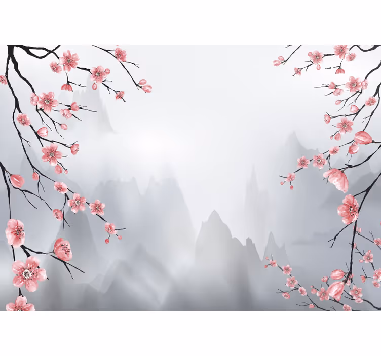 Tenda a rullo grigia fiori di ciliegio e montagne - TenStickers