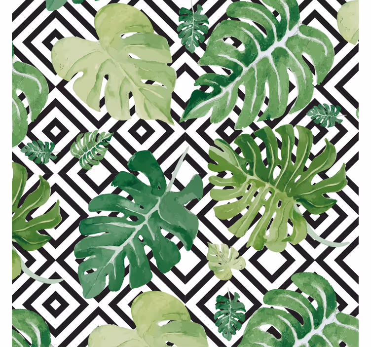 Tenda a rullo soggiorno foglie di monstera su geometrico - TenStickers