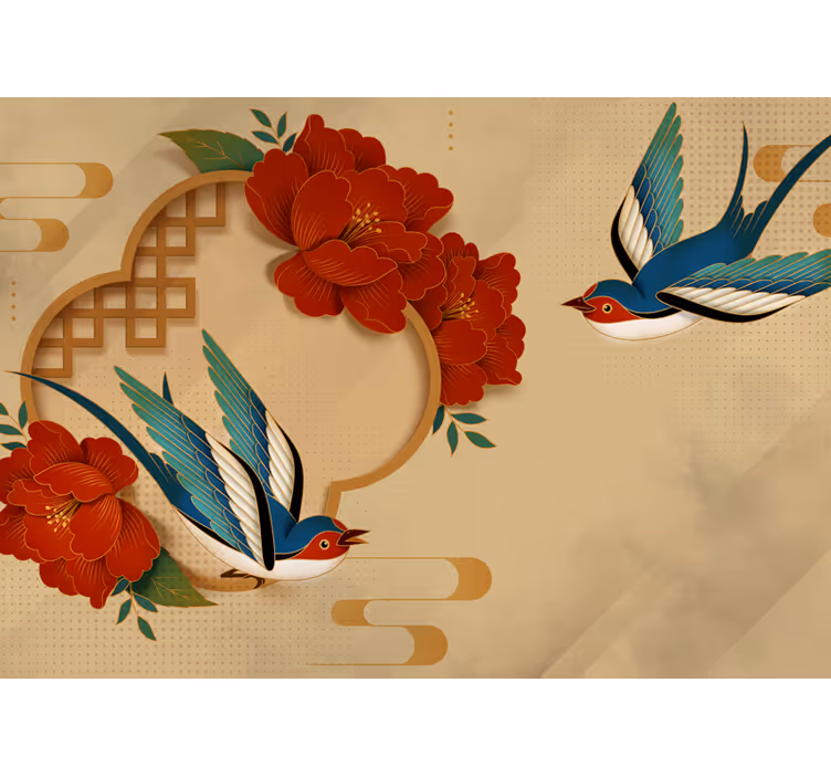 Tenda a rullo beige uccelli e fiori 3d - TenStickers