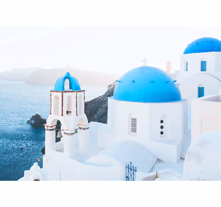Tenda a rullo bianca case blu e mare di santorini - TenStickers