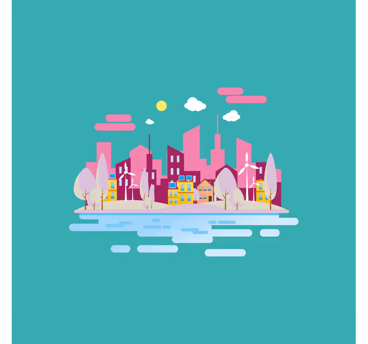 Tenda a rullo cameretta città rosa con mare - TenStickers