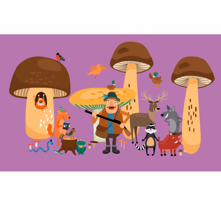 Tenda a rullo divertente uccelli nella foresta di funghi - TenStickers