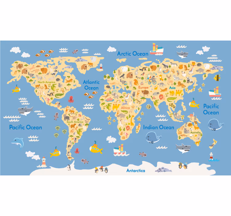 Tenda a rullo mappamondo continenti e fauna - TenStickers