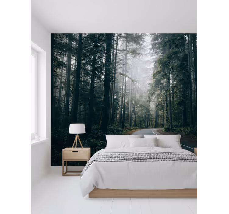 Carta da parati foresta strada dei pini nebulosa - TenStickers