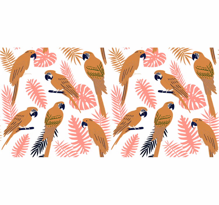 Carta da parati giungla pappagalli arancioni e fiori rosa - TenStickers