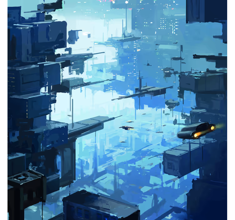 Fotomurale blu città futuristica con astronavi - TenStickers