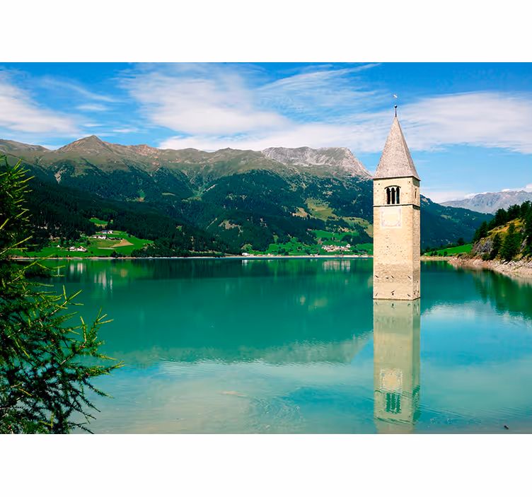 Poster murale Curon Venosta lago con campanile - TenStickers