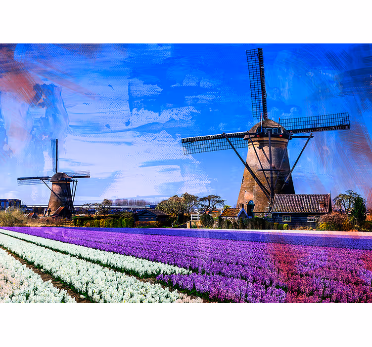 Fotomurale città mulini a vento nei campi di tulipani - TenStickers