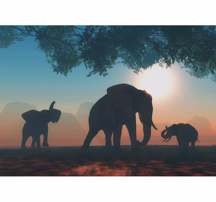 Fotomurale animali elefanti in controluce al crepuscolo - TenStickers