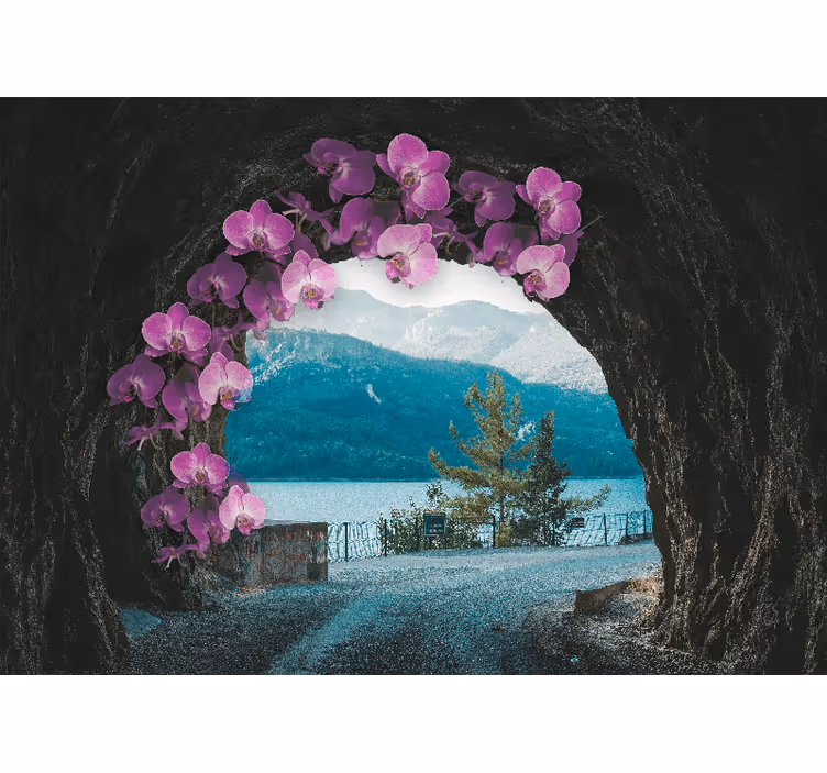 Fotomurale fiori orchidee che incorniciano il paesaggio - TenStickers