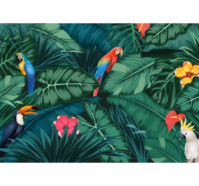 Fotomurale per sala del pranzo uccelli e fiori tropicali - TenStickers