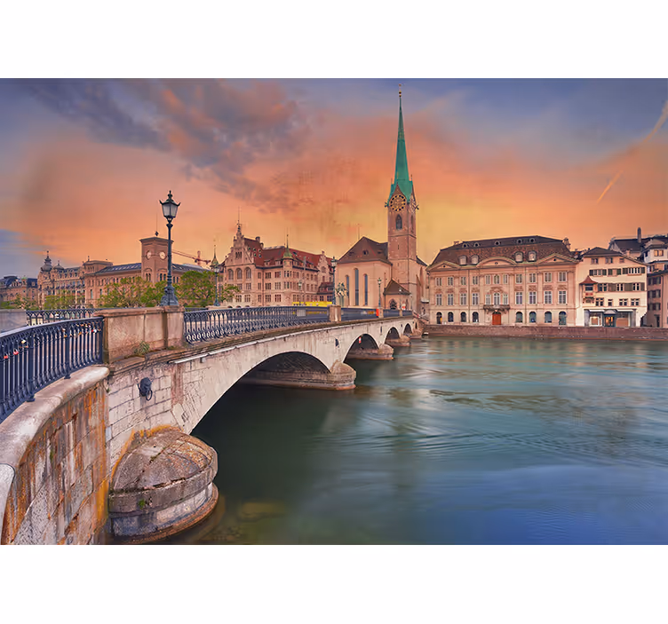Fotomurale città ponte di zurigo al tramonto - TenStickers