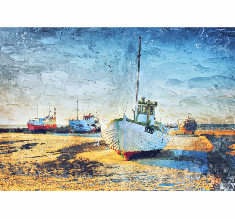 Fotomurale città barche da pesca in riva al mare - TenStickers