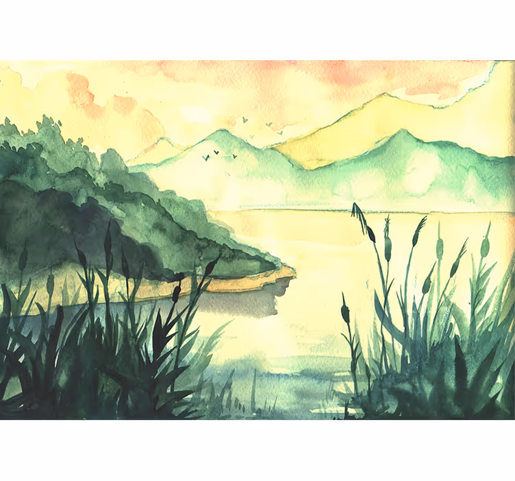 Fotomurale lago paesaggio sereno disegnato a mano - TenStickers