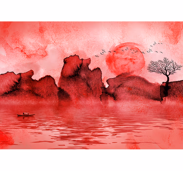 Fotomurale rosso paesaggio di inchiostro cinese - TenStickers