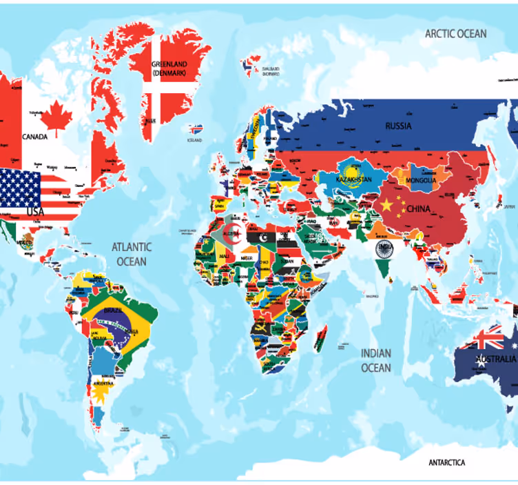 Carta da parati per ragazzi con mappa del mondo e bandiere - TenStickers