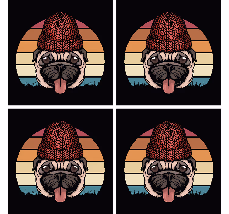 Sottobicchieri frikis pug con cappello di maglia - TenStickers