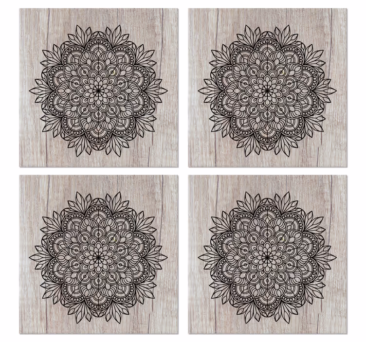 Sottobicchiere  tema piastrelle Mandala nero sul legno - TenStickers