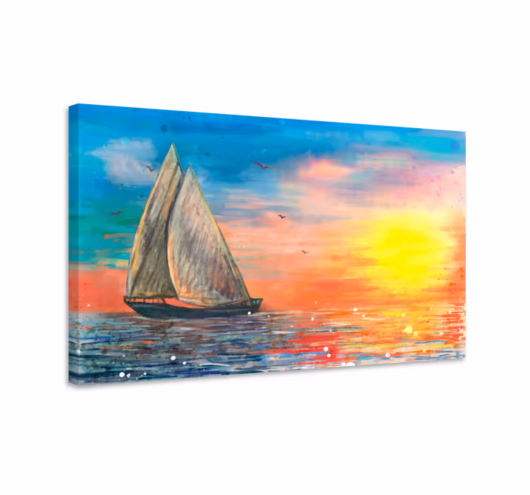 Dipinto marinaio vista sul mare al tramonto in barca a vela - TenStickers