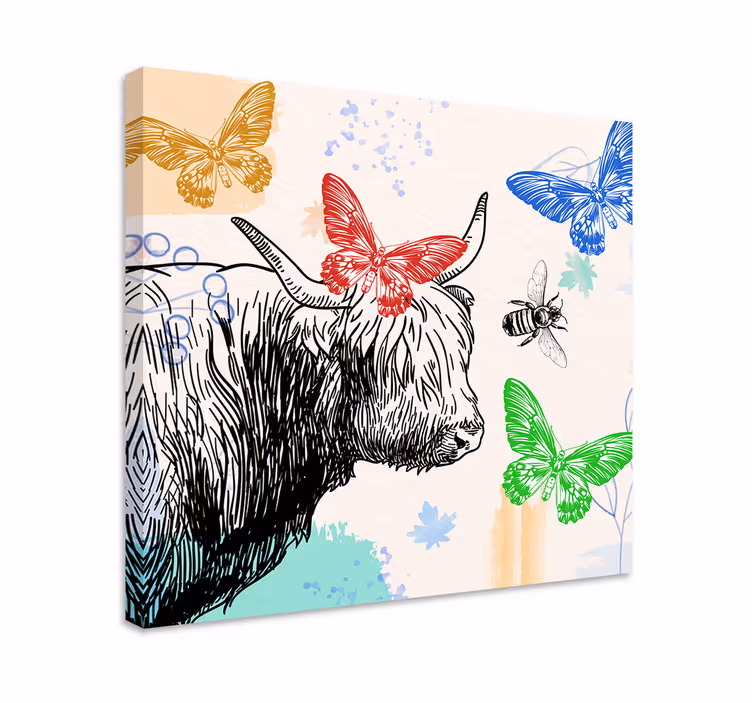 Quadro con animali e insetti mucca highland e farfalle - TenStickers