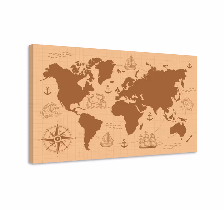 Quadro mappamondo Marrone con bussola - TenStickers