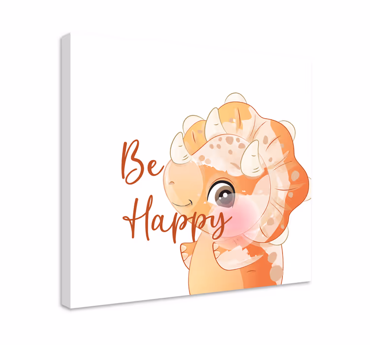 Quadro con dinosauro stile cartoon e "be happy" - TenStickers