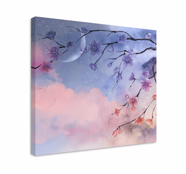 Dipinto fiori e piante rami fioriti con luna - TenStickers