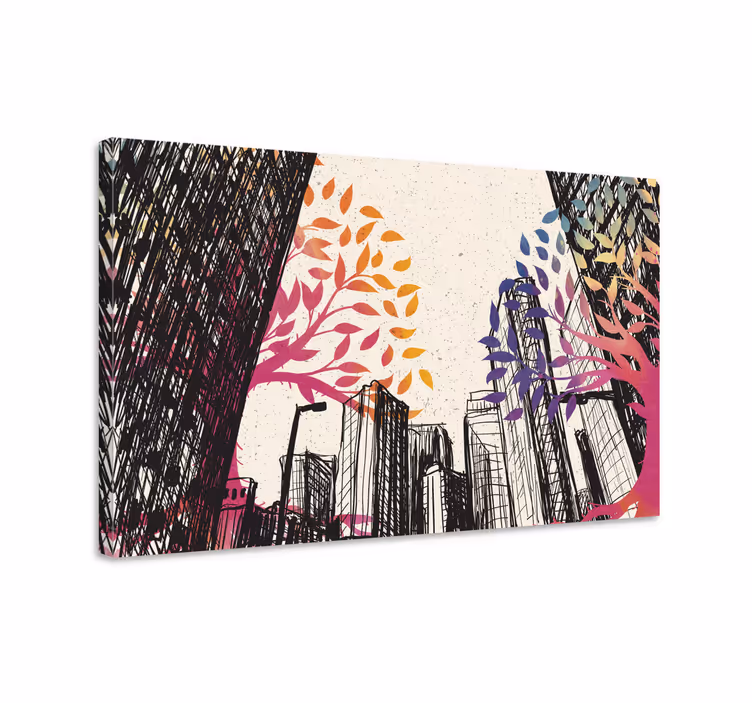 Quadro 3D Alberi multistagionali con grattacieli - TenStickers
