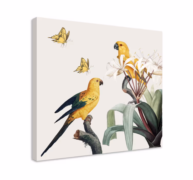 Dipinto fiori e piante pappagalli gialli e farfalle - TenStickers