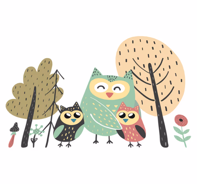 Tappeto vinile animali gufi colorati su albero - TenStickers