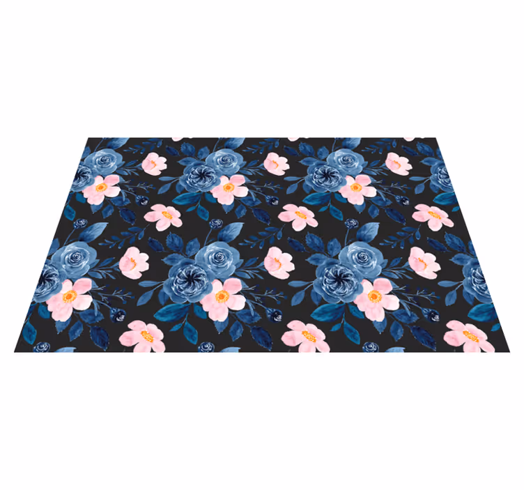Tappeto vinile fiori motivo blu e rosa su sfondo nero - TenStickers