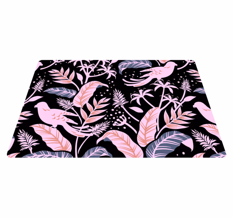 Tappeto vinile fiori uccelli neri e rosa su foglie - TenStickers