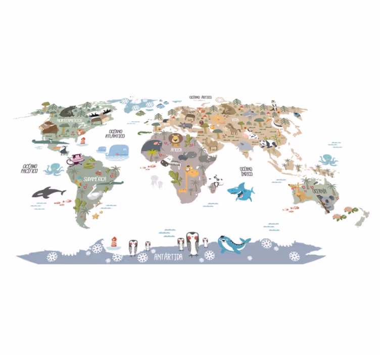 Tappeto vinile mappamondo animali tonalità pastello - TenStickers
