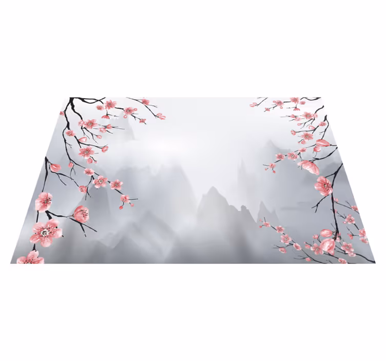 Tappeto vinile grigio fiori di ciliegio e montagne - TenStickers