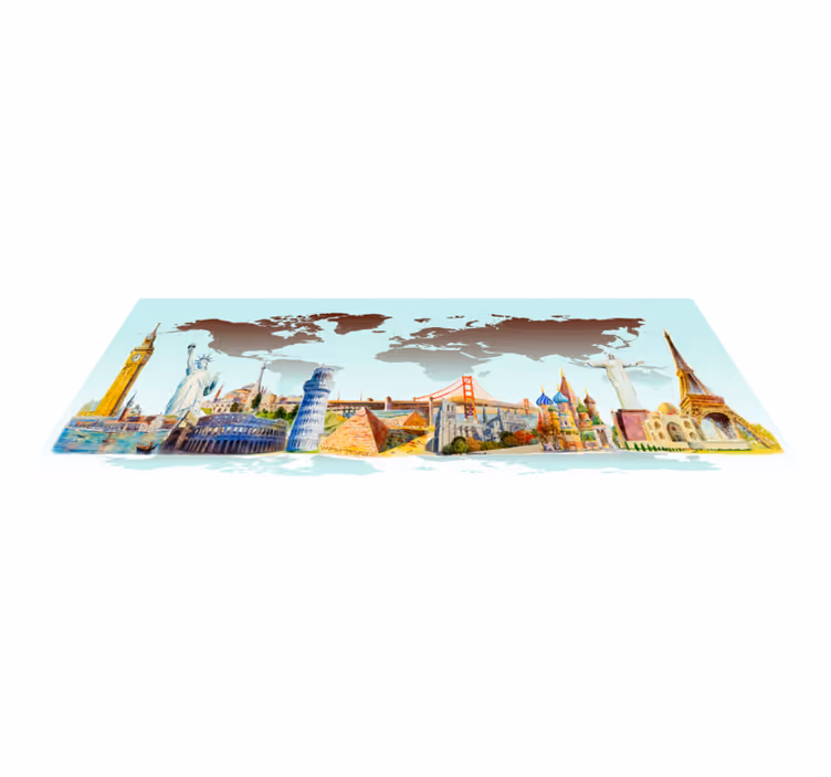 Tappeto vinile mappamondo collage di monumenti colorati - TenStickers