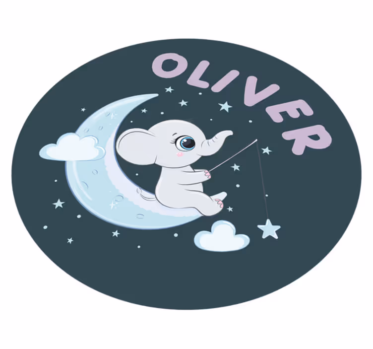 Tappeto vinile bebé elefante sulla luna con nome - TenStickers