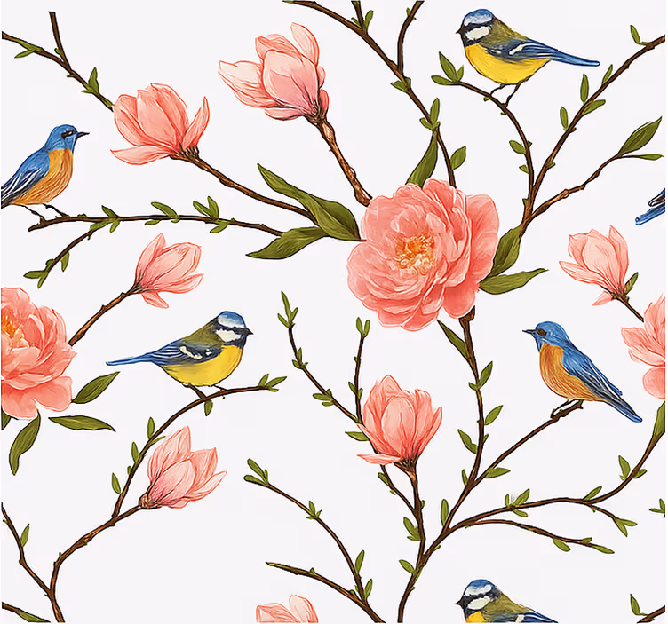Carta da parati uccelli canto di primavera e peonia - TenStickers