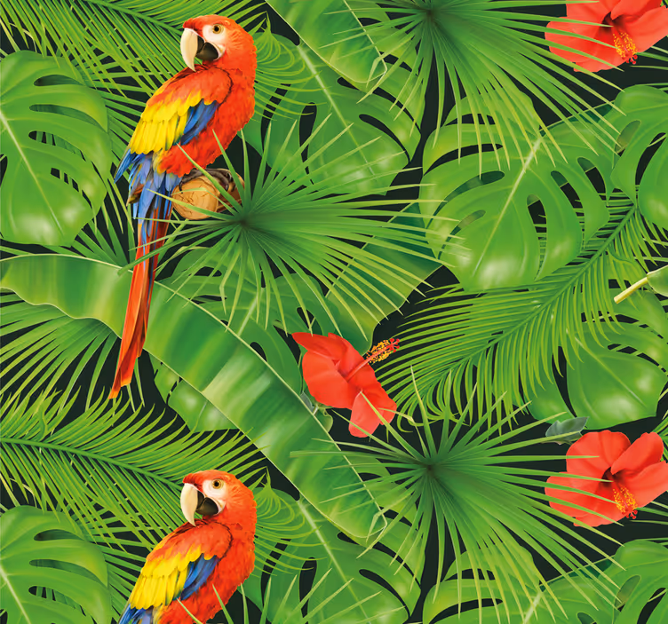 Carta da parati animali Pappagalli colorati su leafes verdi - TenStickers