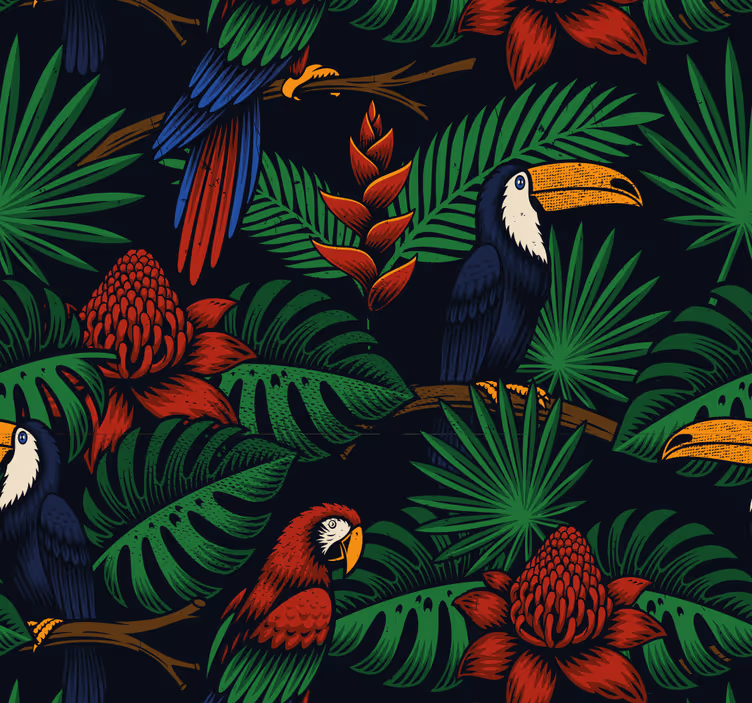 Carta da parati animali Piante e pappagalli della giungla oscura - TenStickers