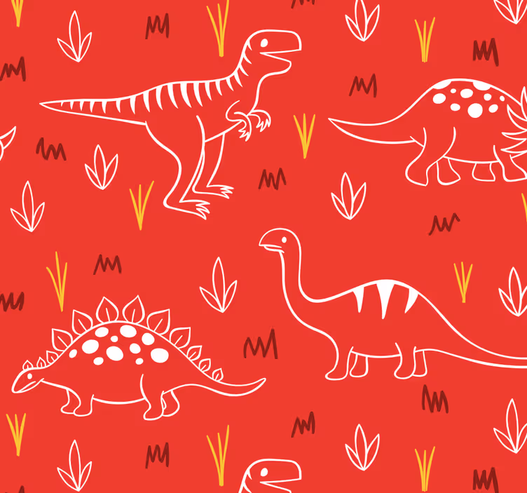 Carta da parati camera dinosauri disegnati su rosso - TenStickers