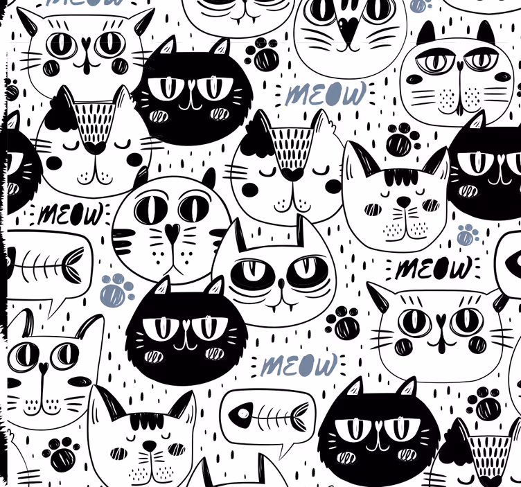 Carta da parati bambini Modello di facce di gatto in bianco e ner - TenStickers