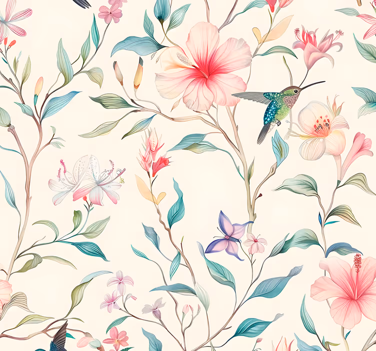 Carta da parati floreale motivo di fiori e colibrì - TenStickers