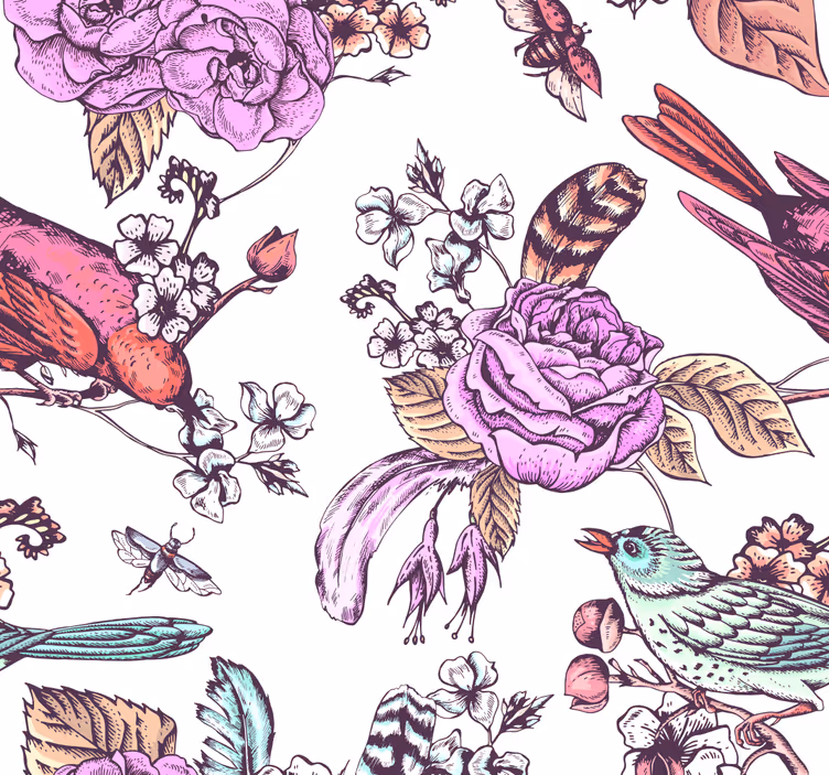 Carta da parati fiori disegno floreale di uccelli - TenStickers