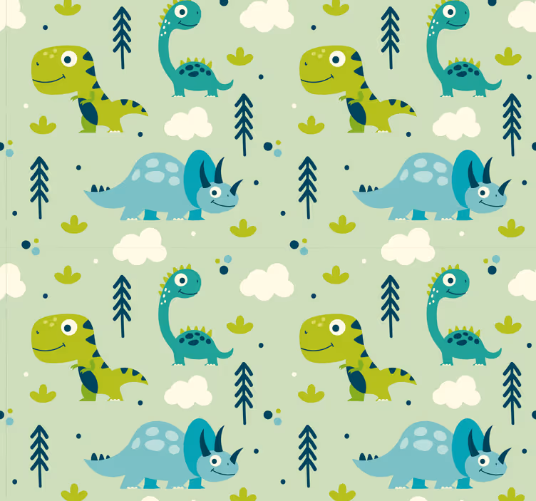 Carta da parati con sfondo verde e dinosauri - TenStickers