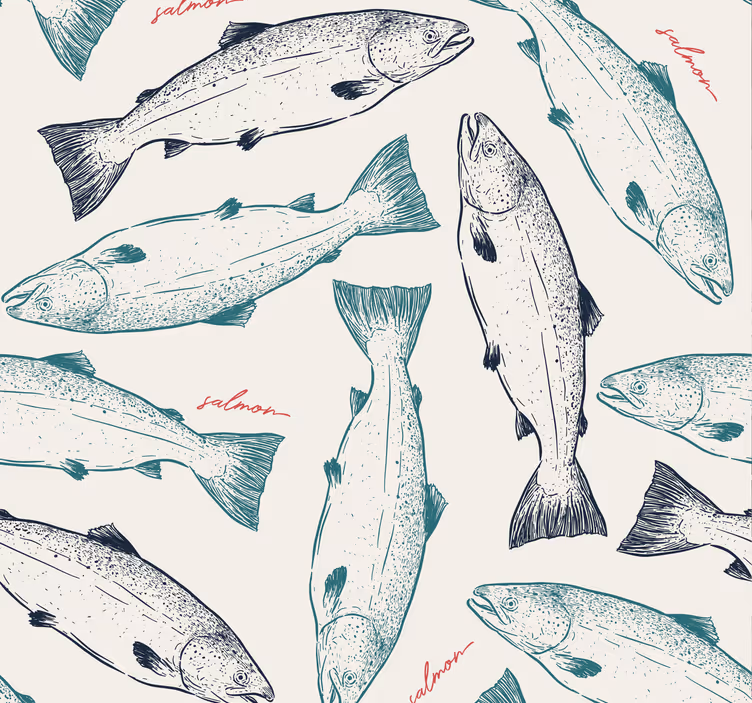 Carta da parati animali Modello di pesce salmone disegnato a mano - TenStickers